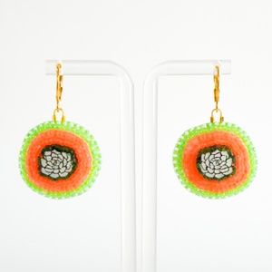 Succulent Bead Embroidered Earrings - Neon Green/Neon Orange